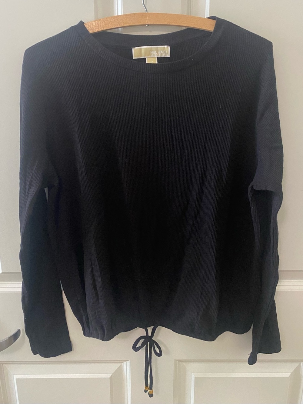 Michael Kors Black Ribbed Long-Sleeve Top with Drawstring